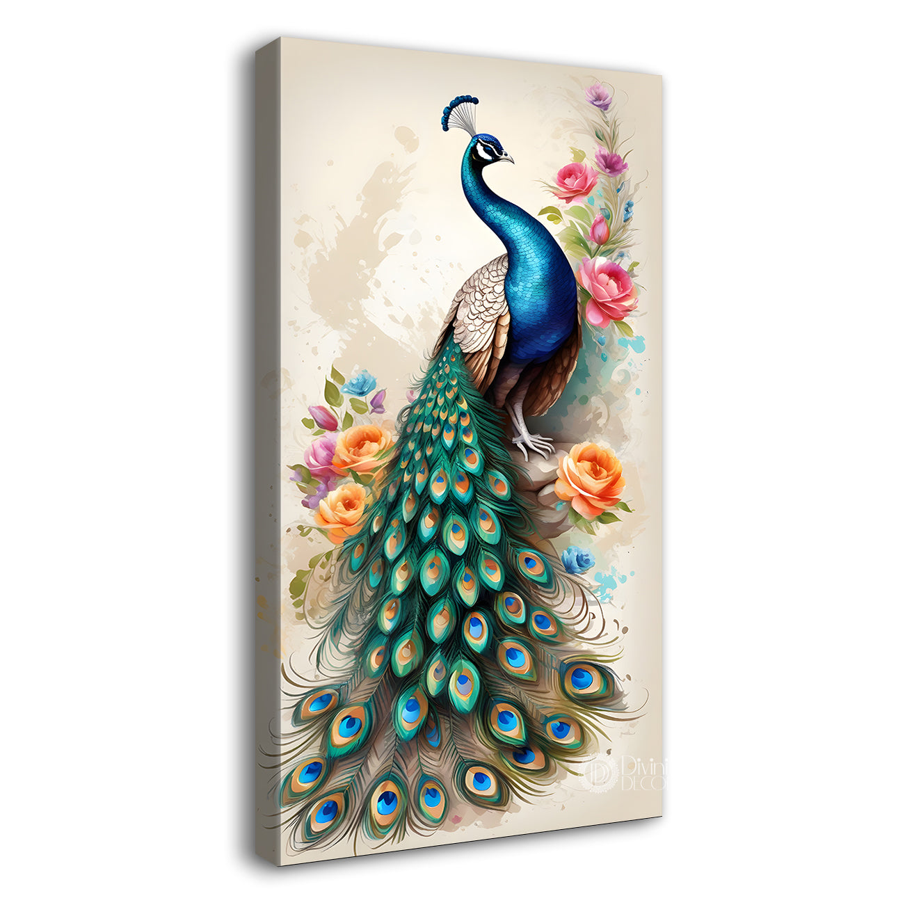 Peacock with colourful flowers painting - Design - Peacock-V-2