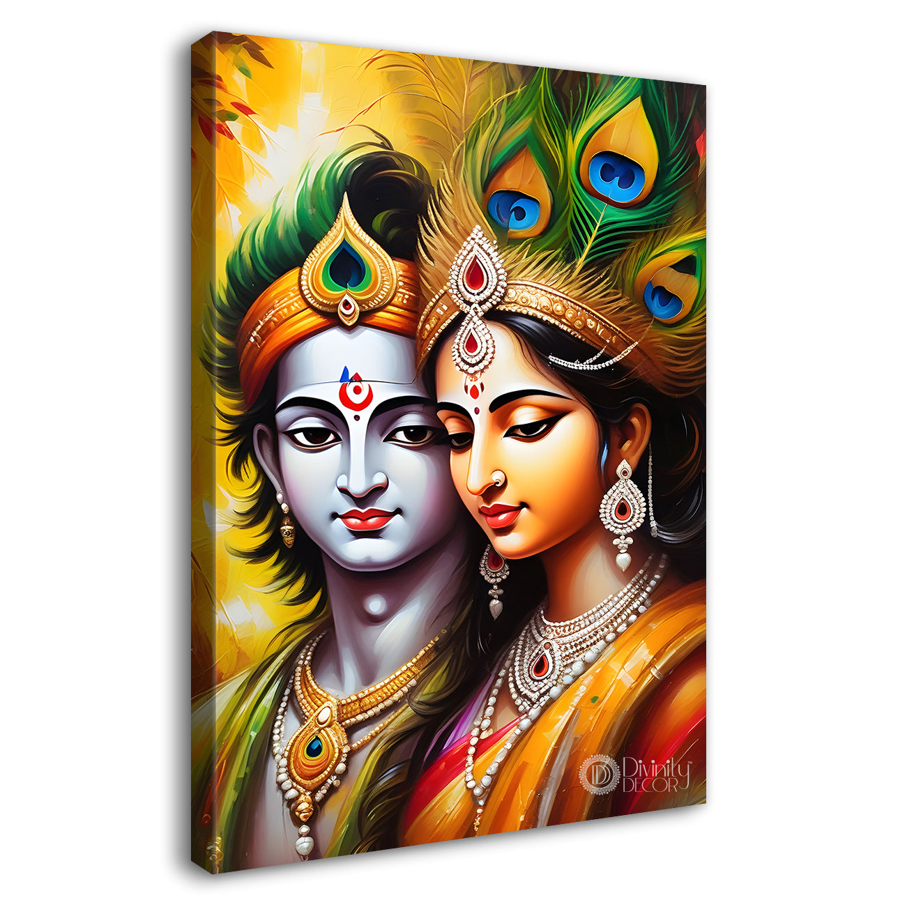 Blue face of krishna with radha in yellow background textured art Canvas Painting - Design - Krishna-V-2