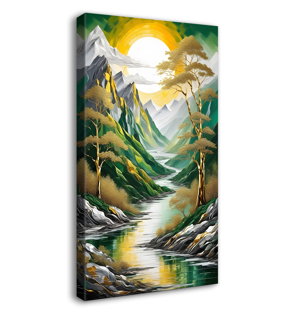 Green mountains with golden treesand white moon textured nature art Canvas Painting - Nature Art -V-2