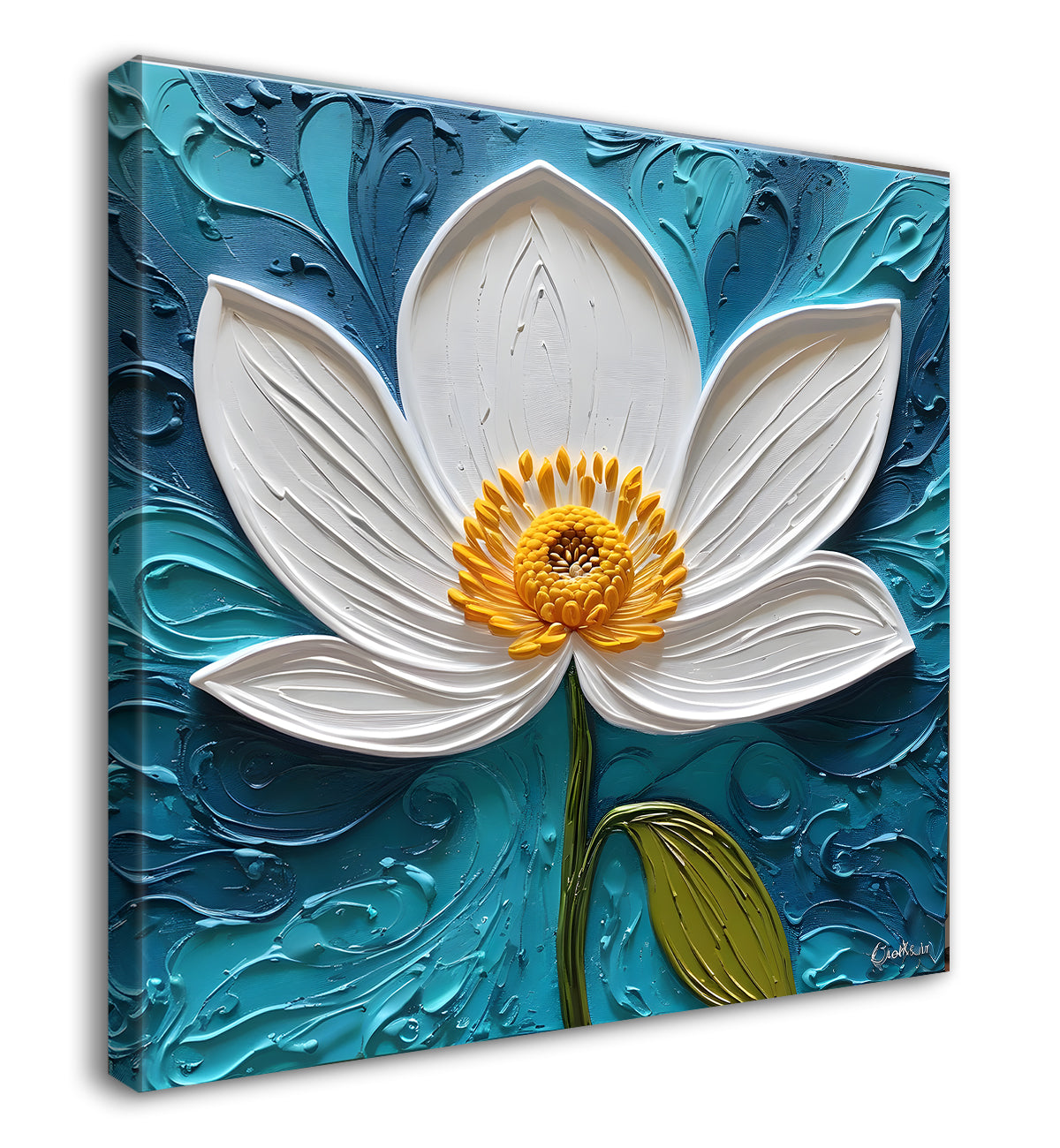 White flower in blue background textured painting - Flower-S-2
