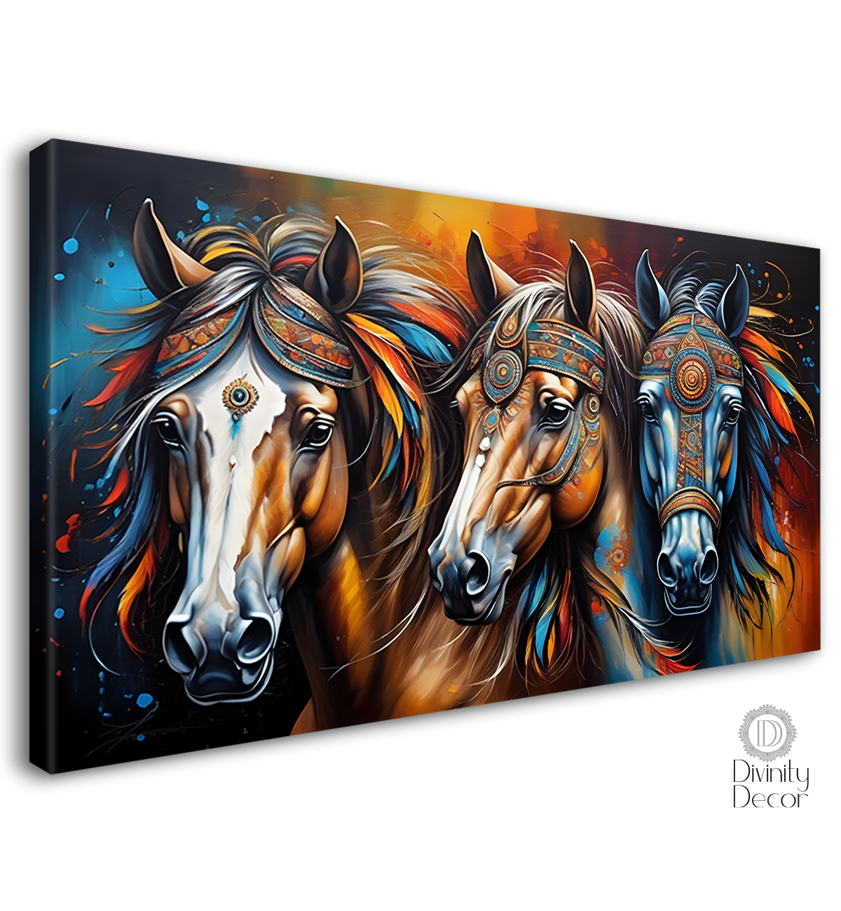 Three brown horses with colorful textured background art Canvas Painting - Design - Horse- 3