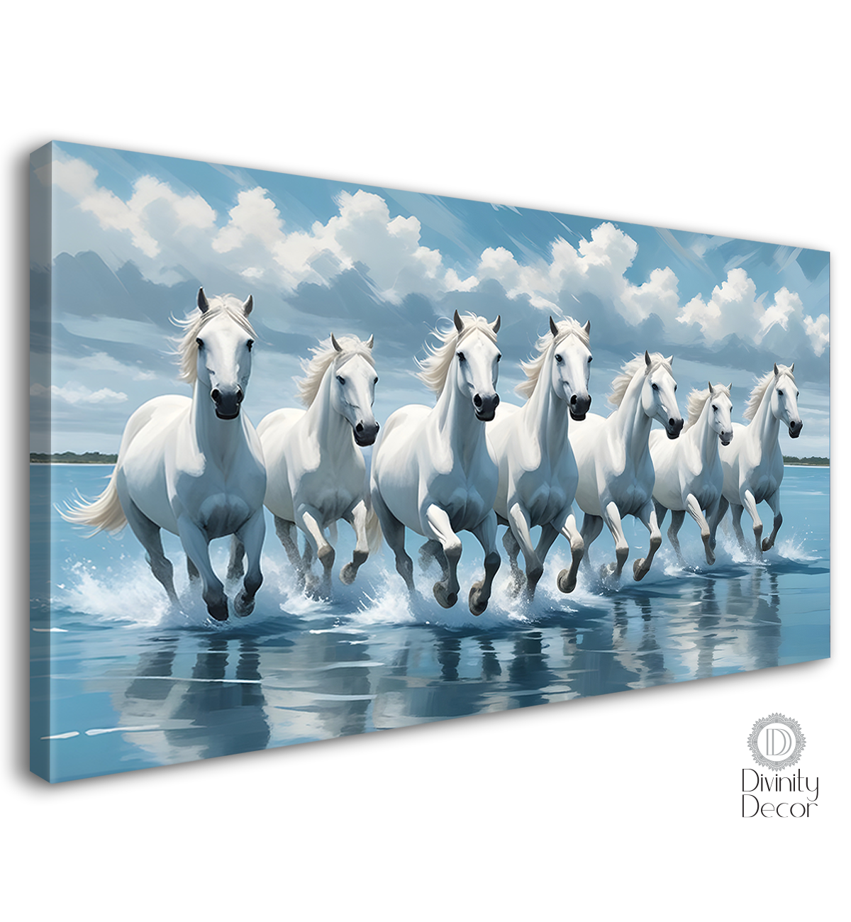 White running horses on the water with cloudy and sky blue textured background art Canvas Painting - Design - Horse-30