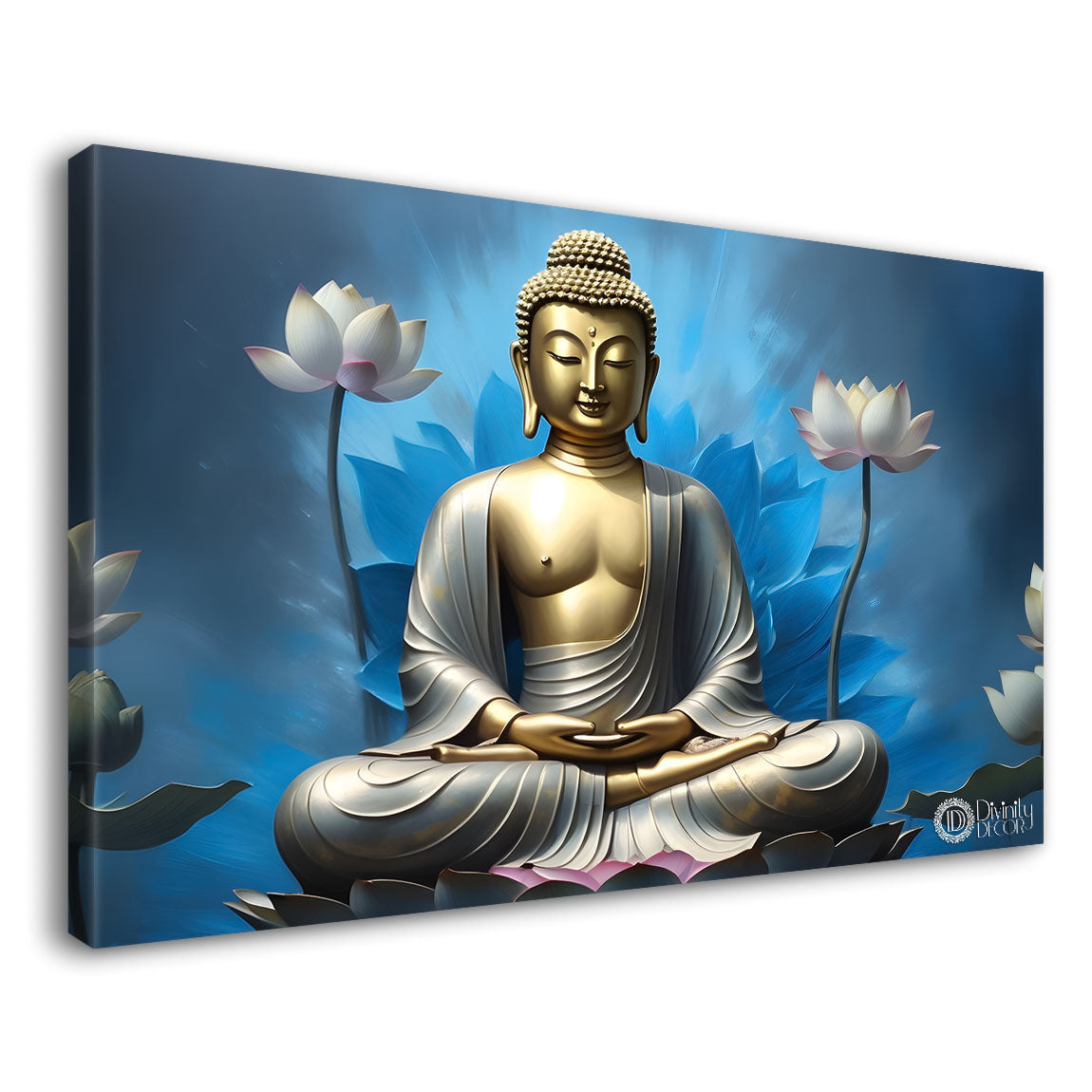 Golden buddha with pink lotus and blue textured background painting Canvas Wall Painting - Buddha-300
