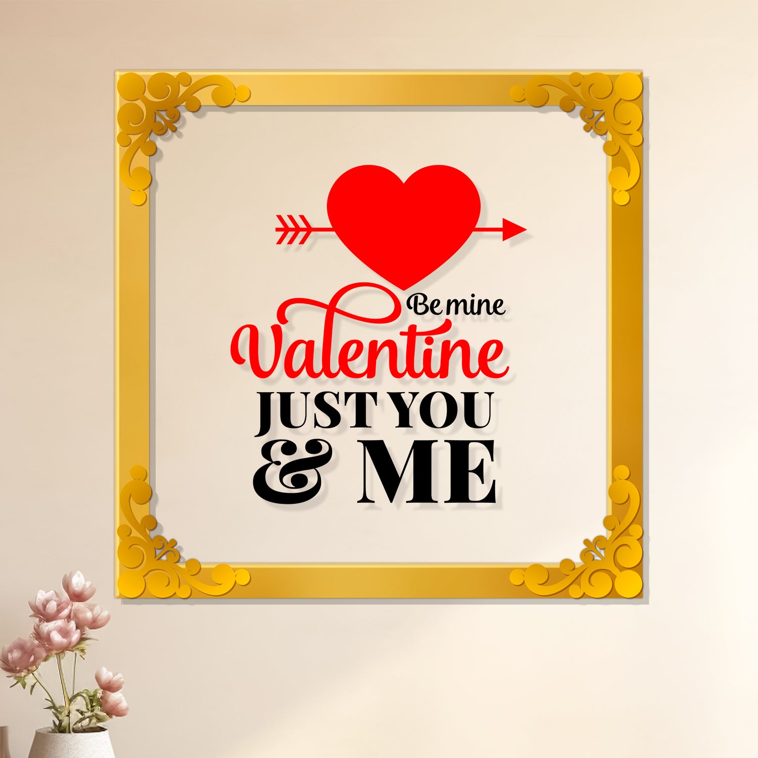 Valentine just you and me Golden Plaque for Gifting, Wall Décor Clear UV print with Golden Border-301