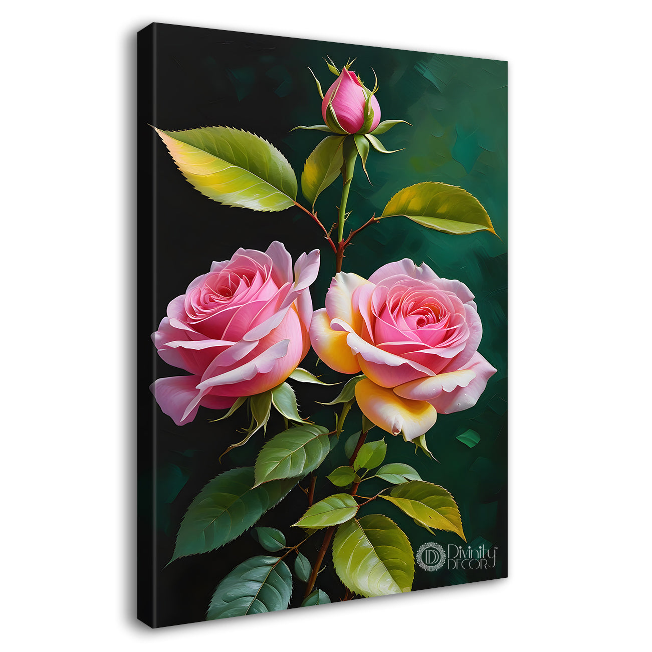 Pink flowers in green textured painting- Flower-V-301