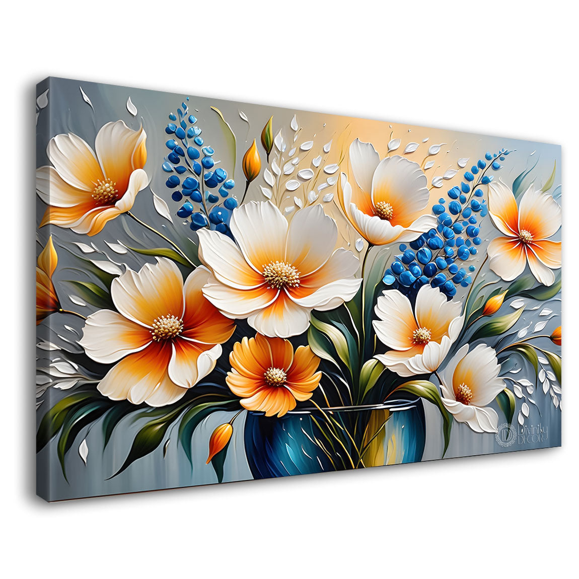 White flowers in blue background canvas painting- Flower-301
