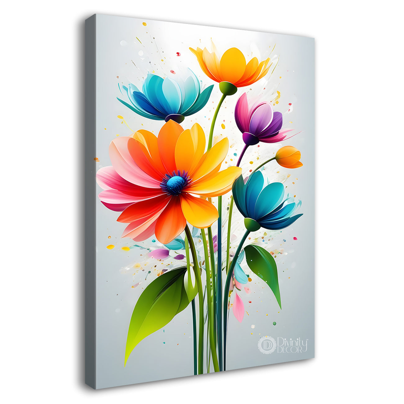 Colourful flowers in grey textured background painting- Flower-V-302