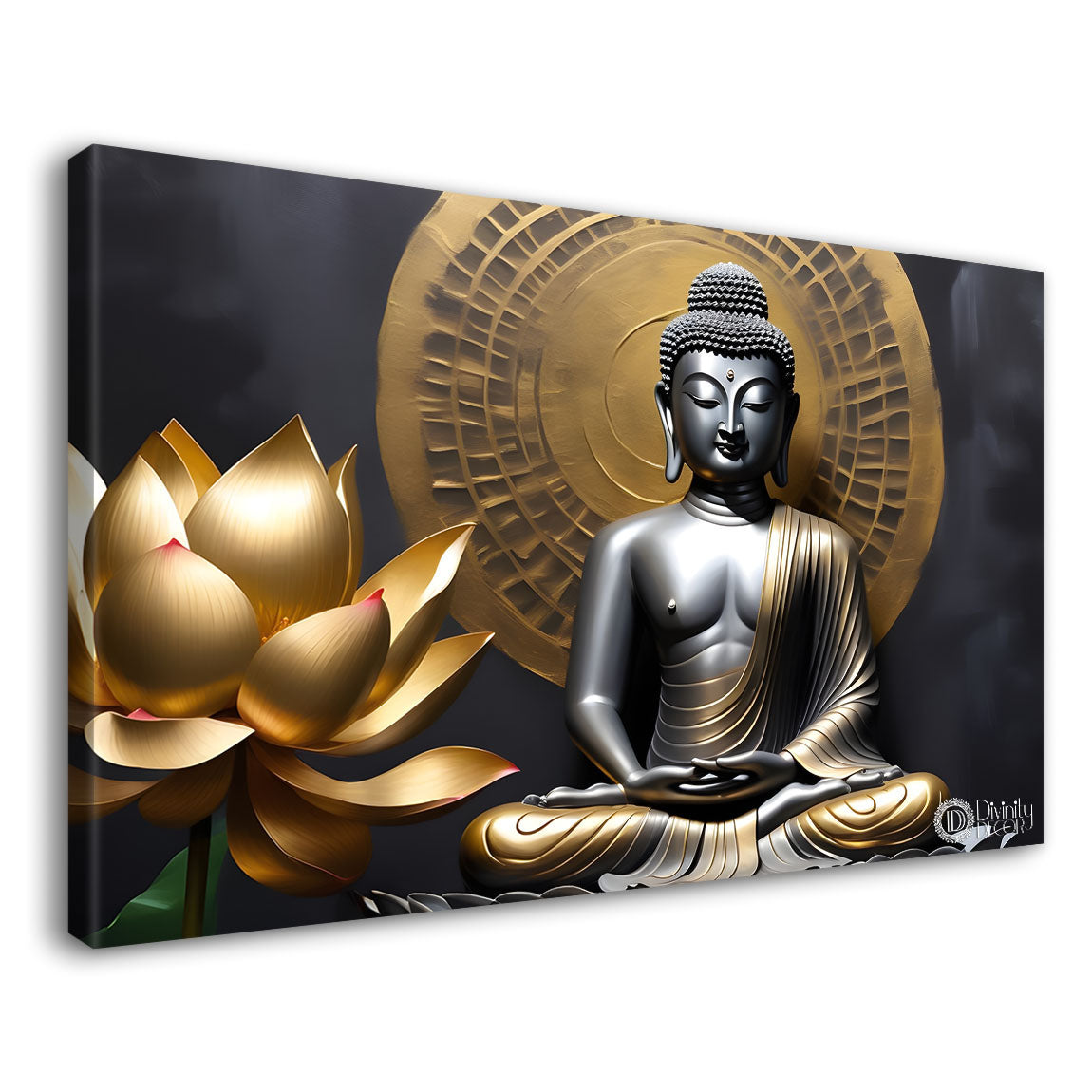 Golden buddha in golden and lotus  background textured painting Canvas Wall Painting - Buddha-303