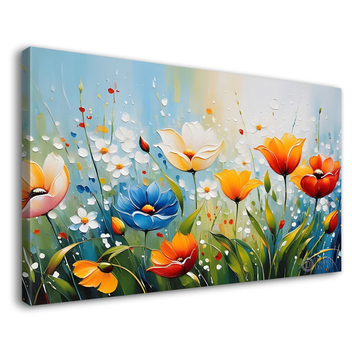 White and orange flowers in blue background canvas painting- Flower-303