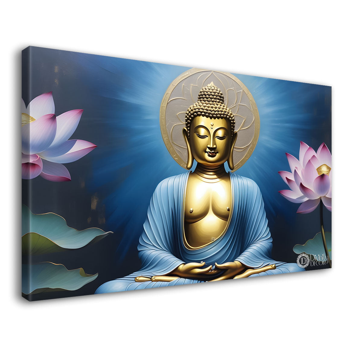 Golden buddha with pink lotus and blue textured background painting Canvas Wall Painting - Buddha-304