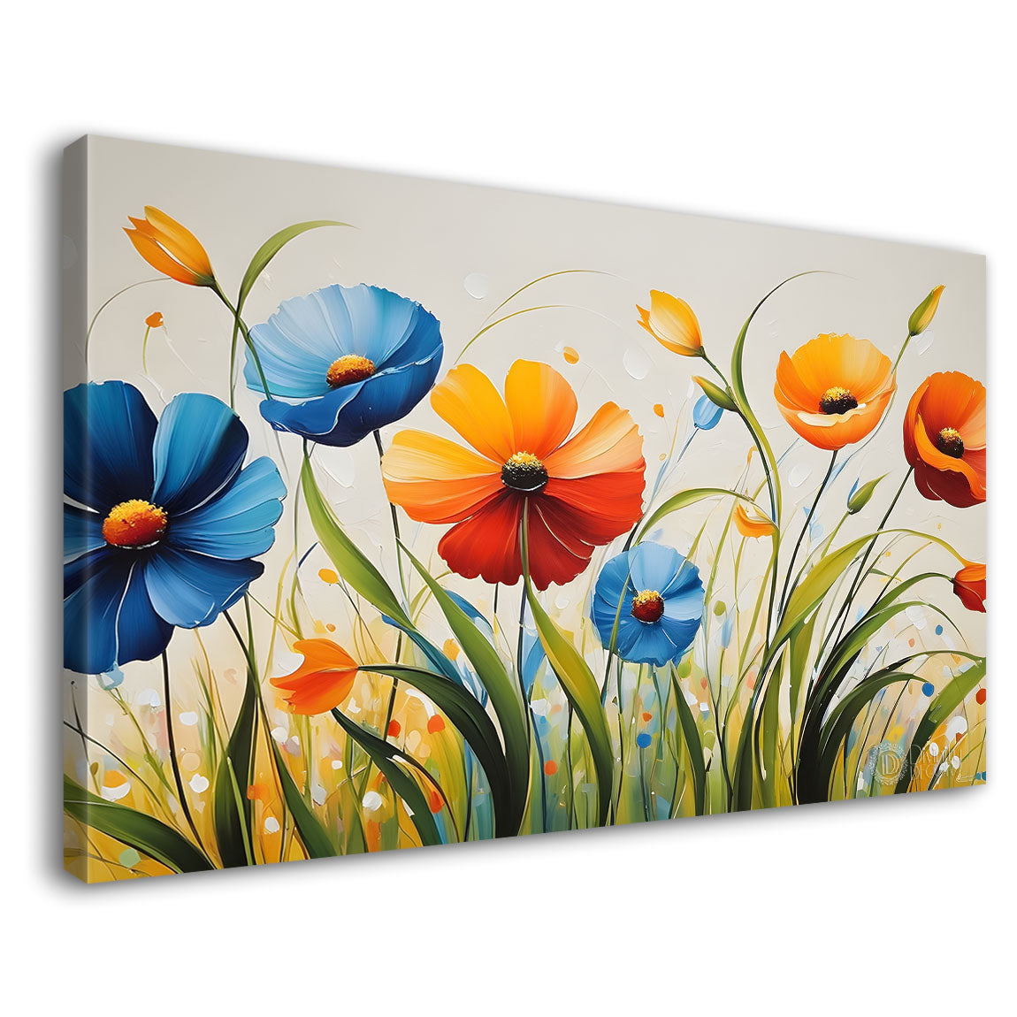 Orange and blue flowers in light background canvas painting- Flower-305