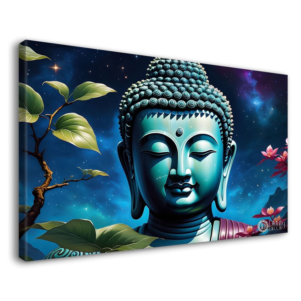Blue buddha with the blue and flowers background textured painting Canvas Wall Painting - Buddha-305