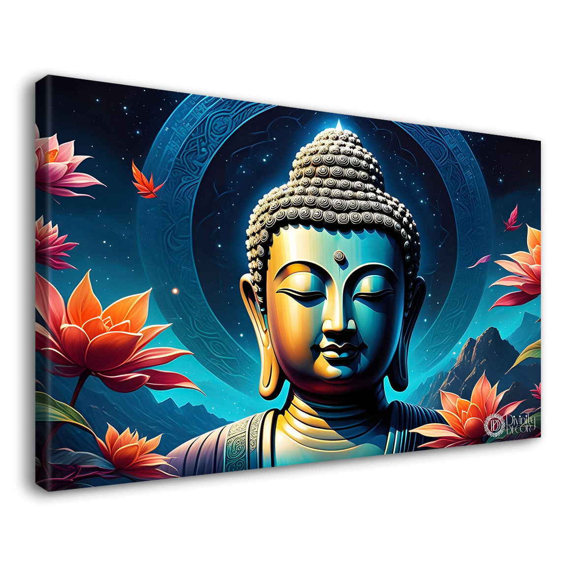 Blue buddha with the blue and flowers background textured painting Canvas Wall Painting - Buddha-306