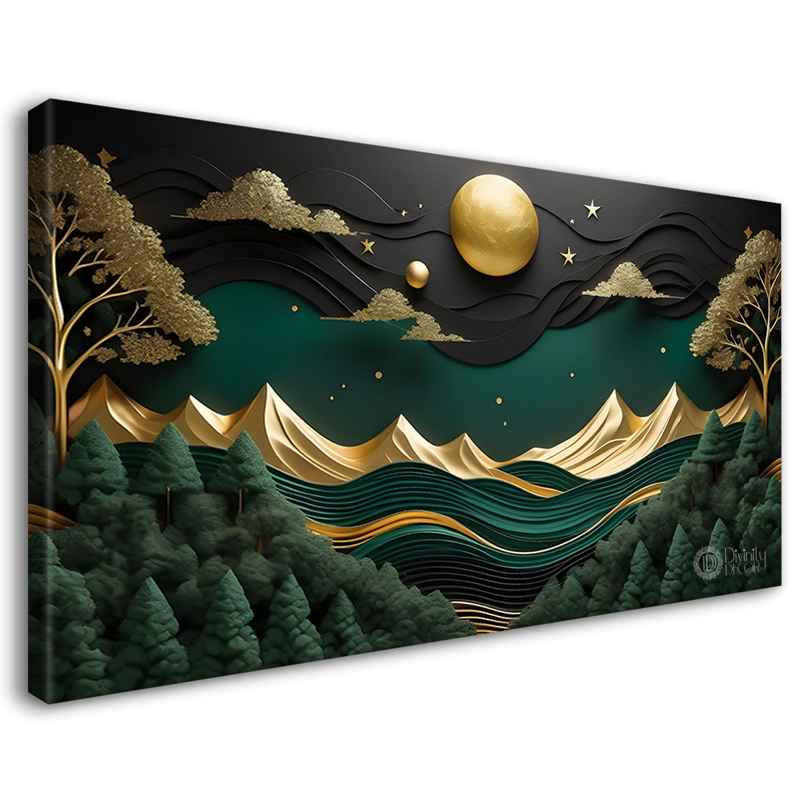Green mountains with golden moon and trees Canvas Painting - Nature Art -306