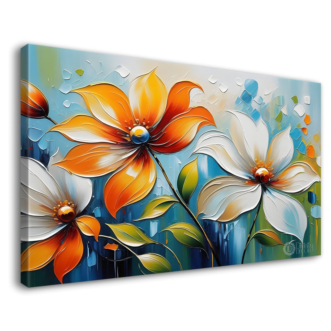 Orange and blue flowers in light background canvas painting- Flower-306