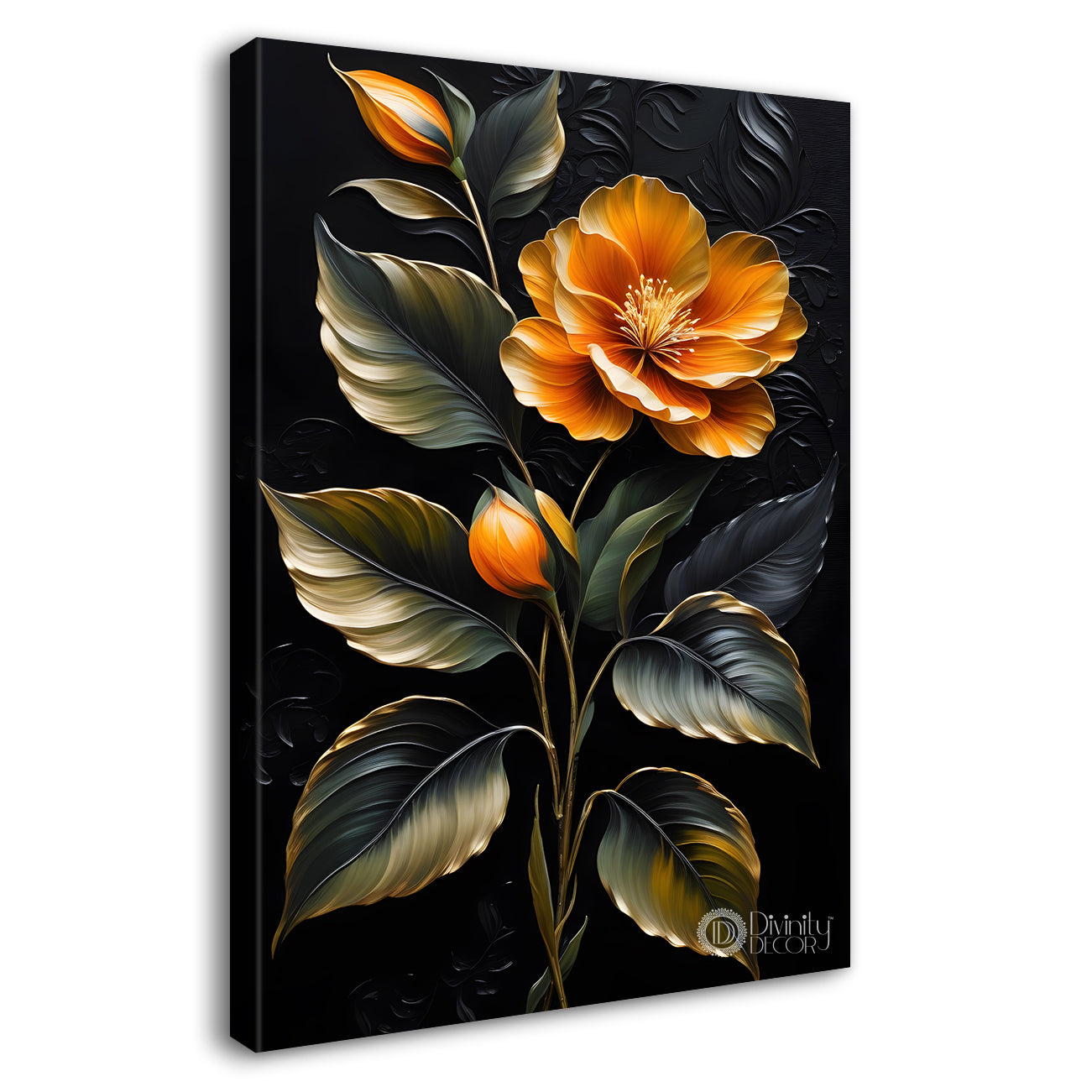 Orange flowers in dark textured painting- Flower-V-306
