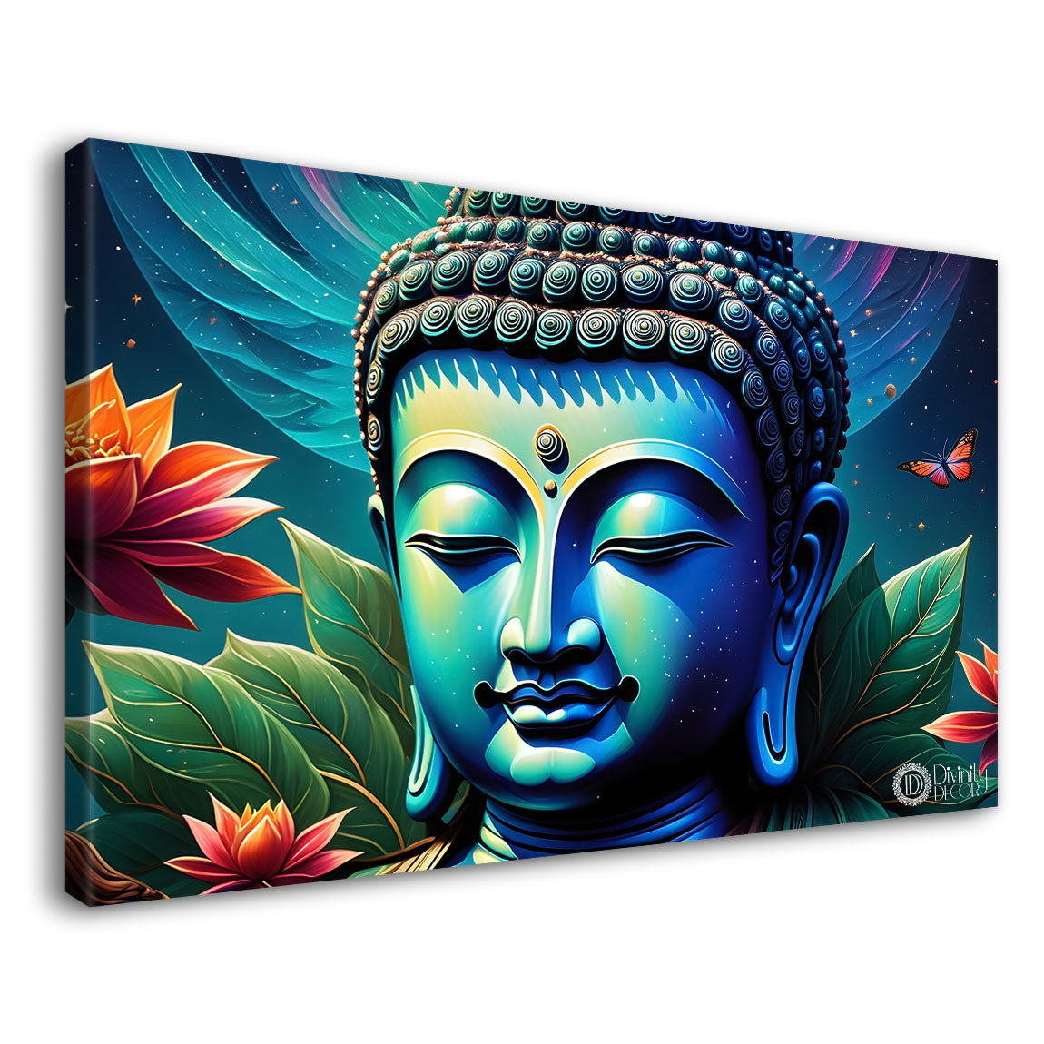 Blue buddha with the blue and flowers background textured painting Canvas Wall Painting - Buddha-307
