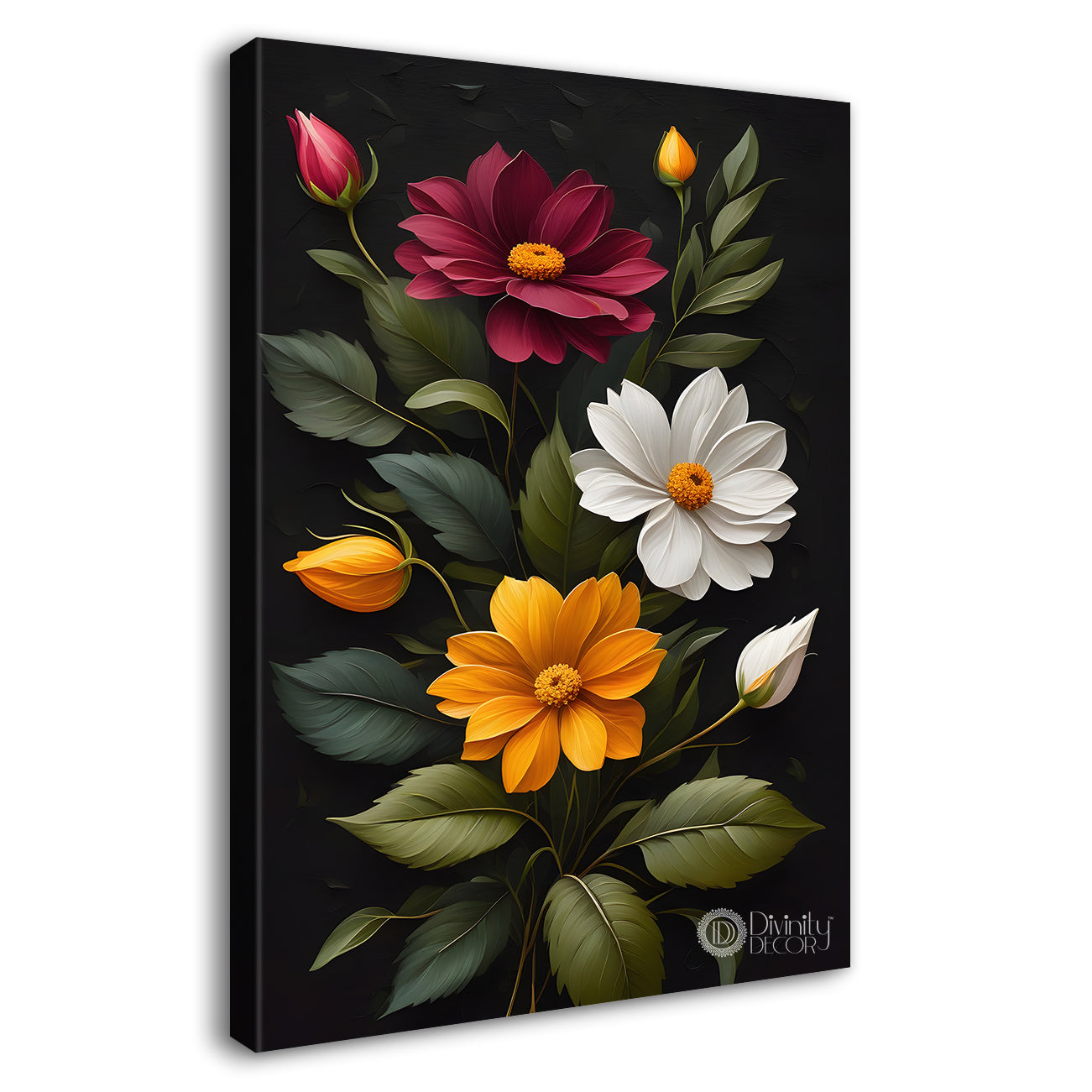 Colourful flowers in dark textured painting- Flower-V-307