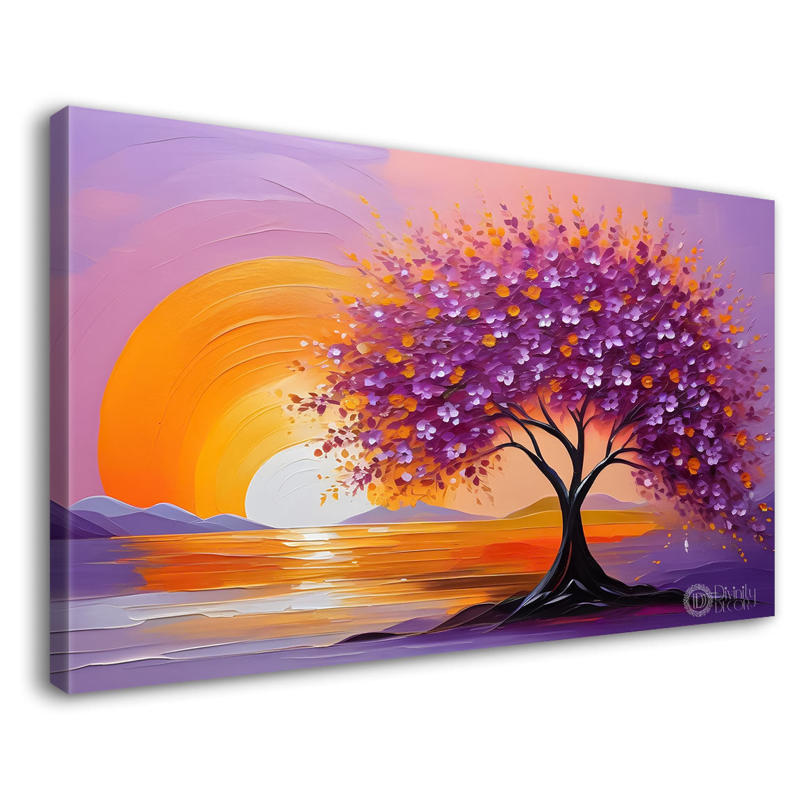 Spring tree with the sea and sunset in pink textured background canvas painting- Flower-307