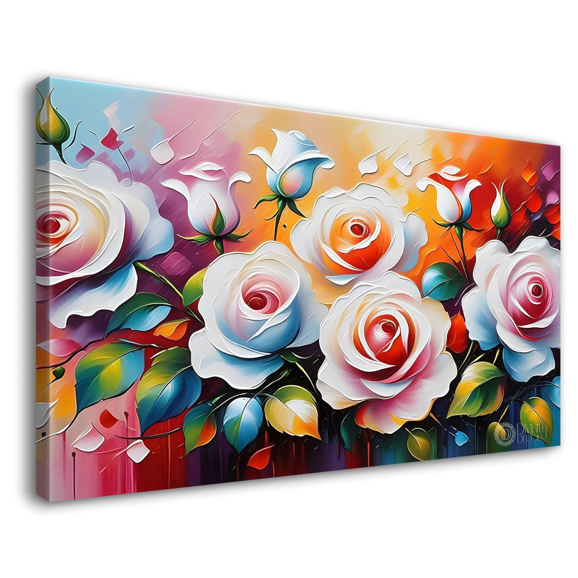 White roses in colorful background canvas painting- Flower-308