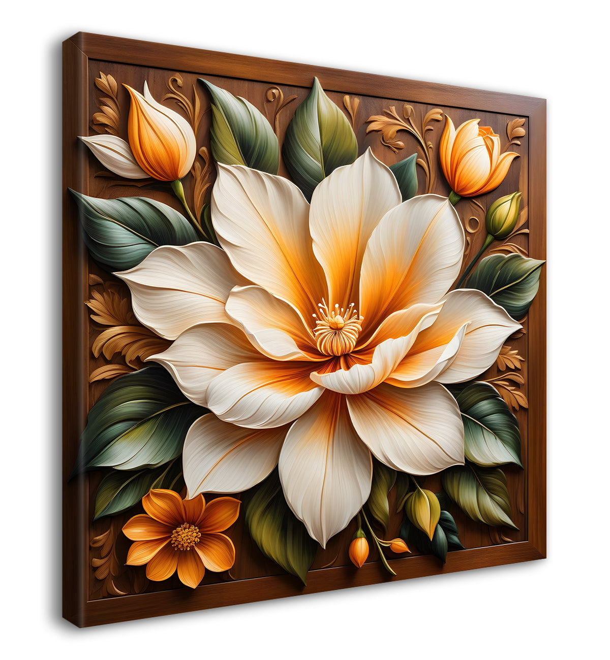 White flower in brown background painting  - Flower-S-308