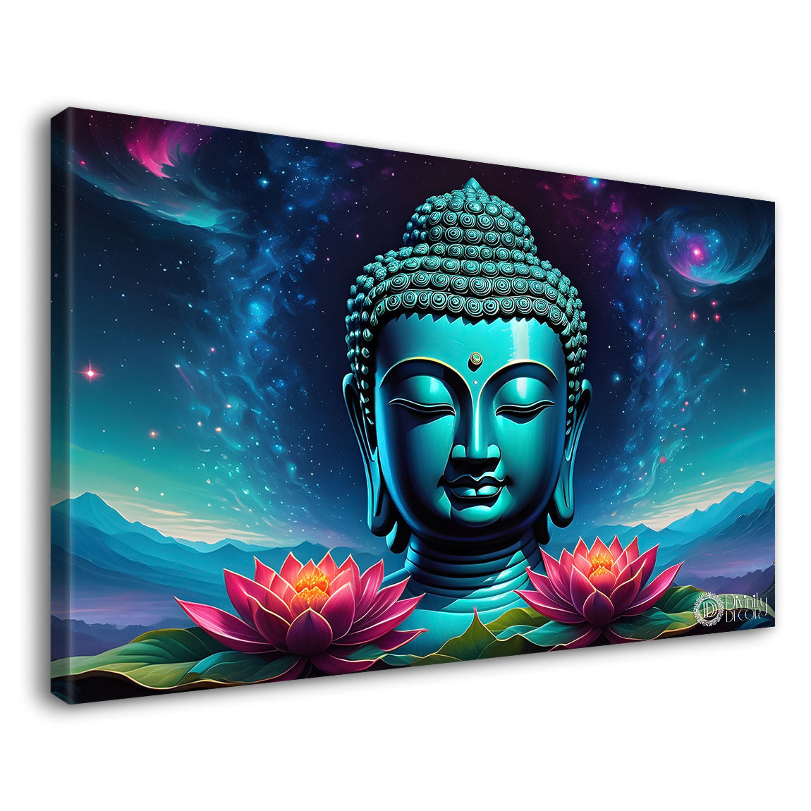 Blue buddha with the blue and flowers background textured painting Canvas Wall Painting - Buddha-309