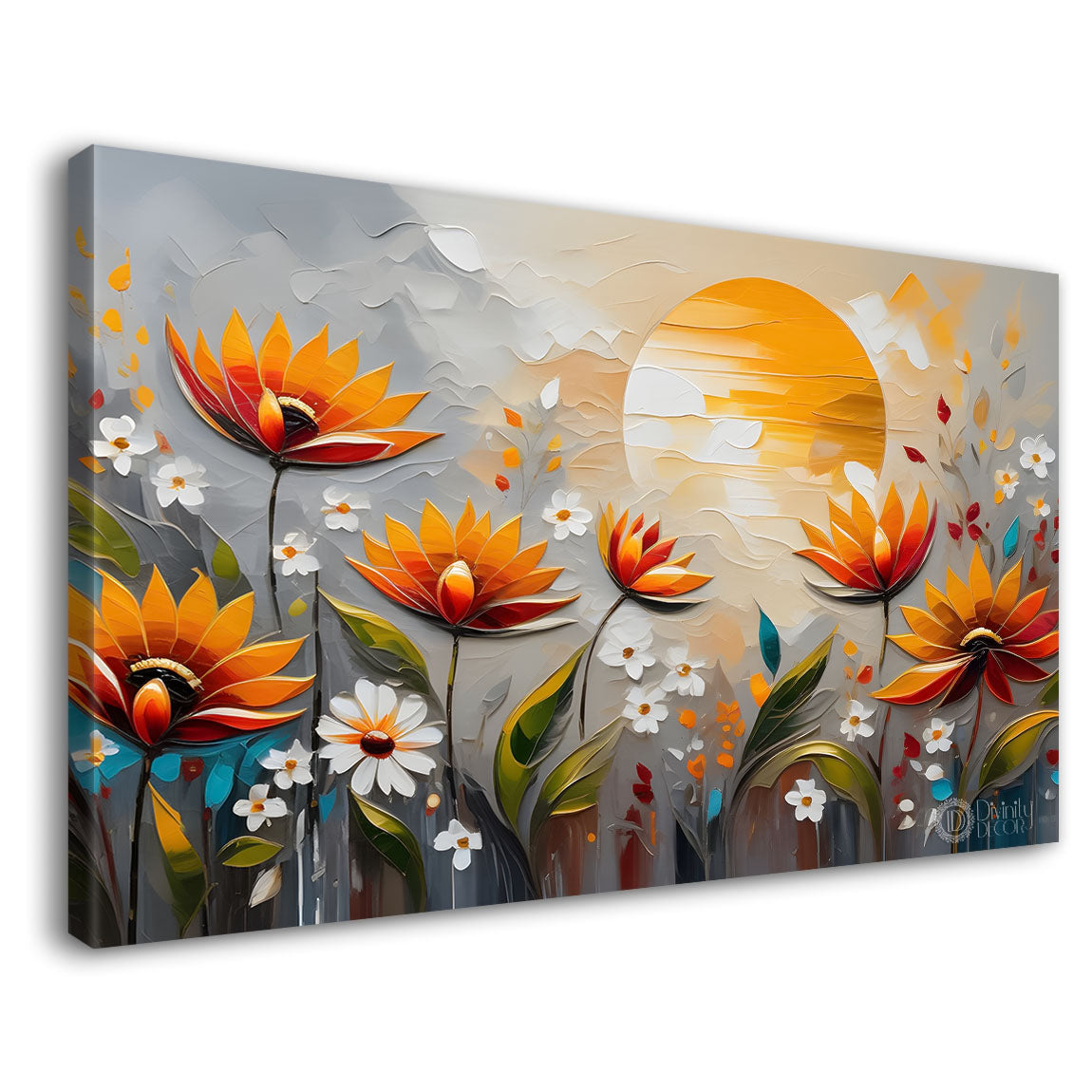 Orange flowers in grey background canvas painting- Flower-309