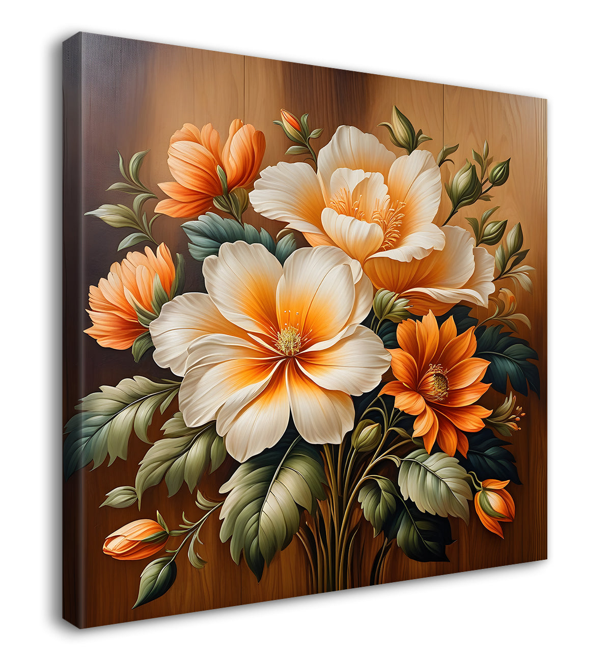 White and orange flower in brown background painting - Flower-S-309