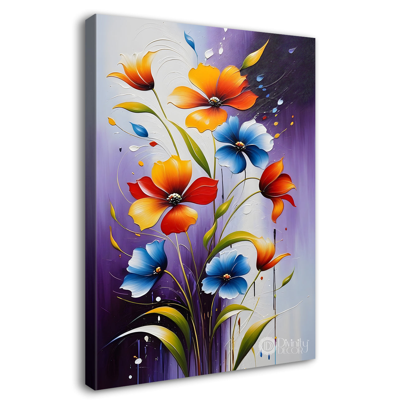 Colourful flowers in purple textured background painting - Flower-V-30