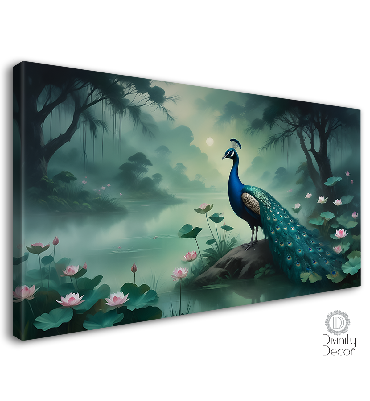 Peacock with lotus in fog textured art.- Design - Animal -30