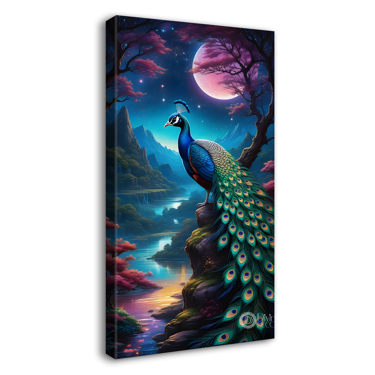 Peacock in front of moon with blue background modern art painting  - Design - Peacock-V-30