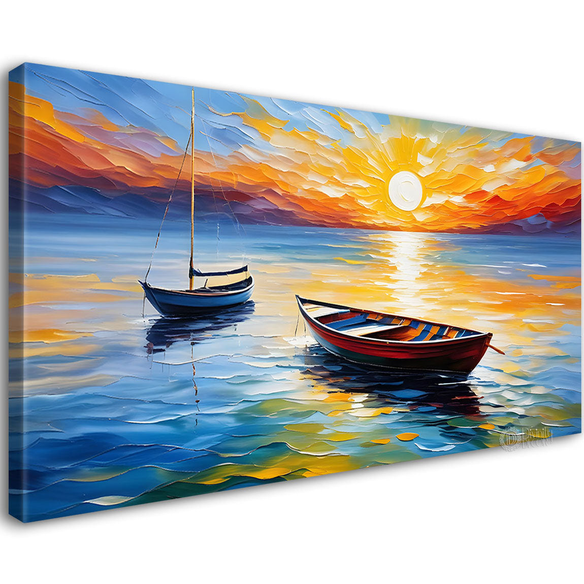 Boats in sea with sunset background textured modern art canvas painting - Design - River-30