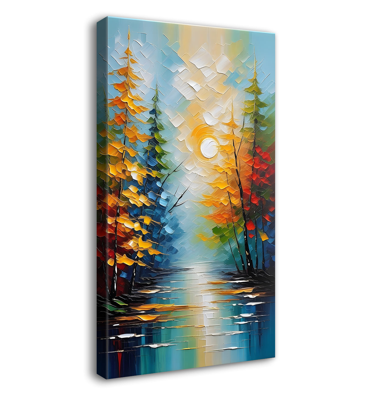 Colourful trees with lake in textured painting  Canvas Painting - Nature Art -V-30
