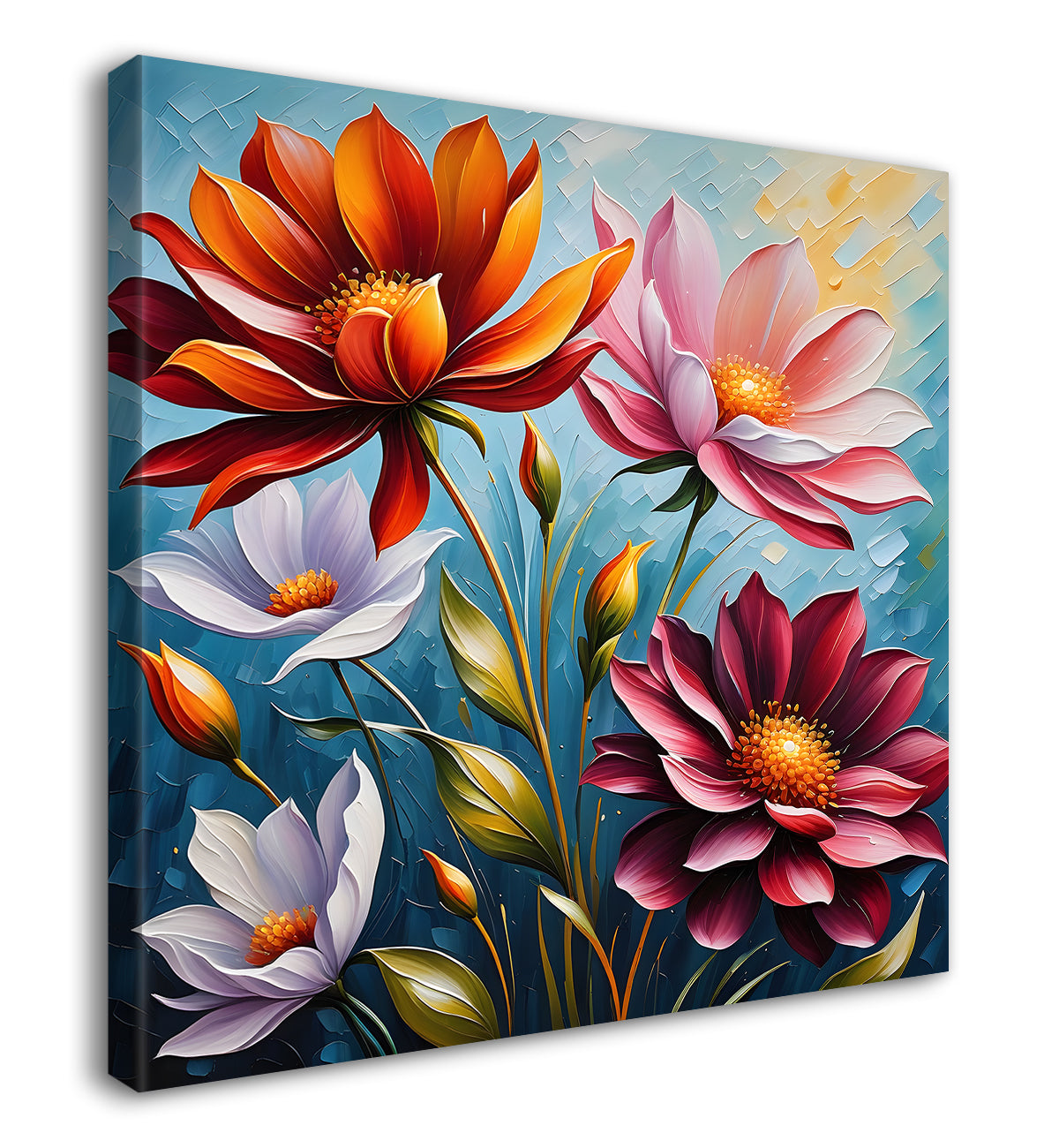 Red with pink flowers in blue background textured painting - Flower-S-30