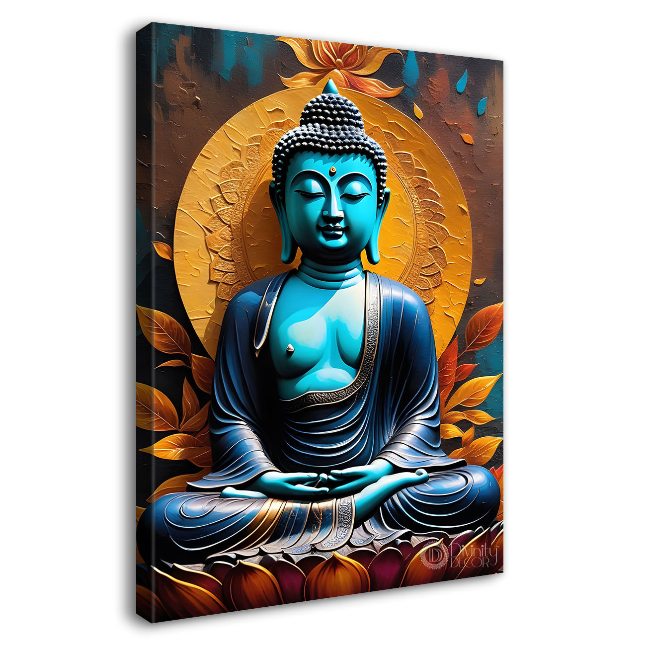 Blue buddha with yellow chakra background textured painting - Buddha-V-30