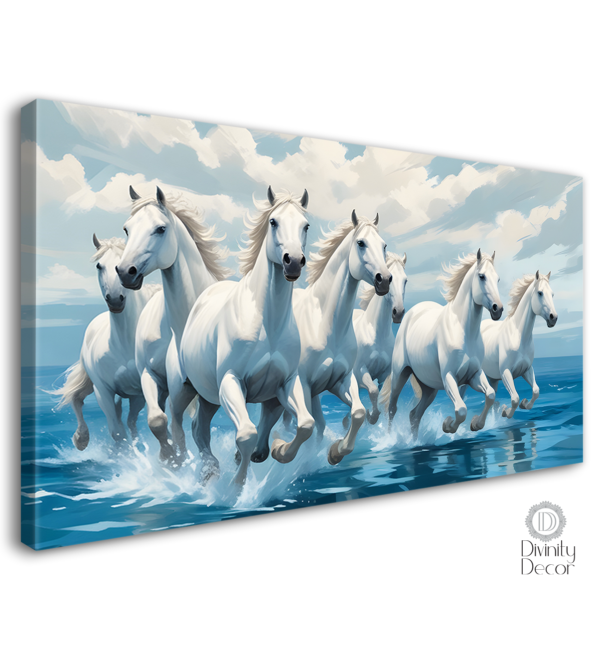 White running horses on the water with cloudy and sky blue textured background art Canvas Painting - Design - Horse-31