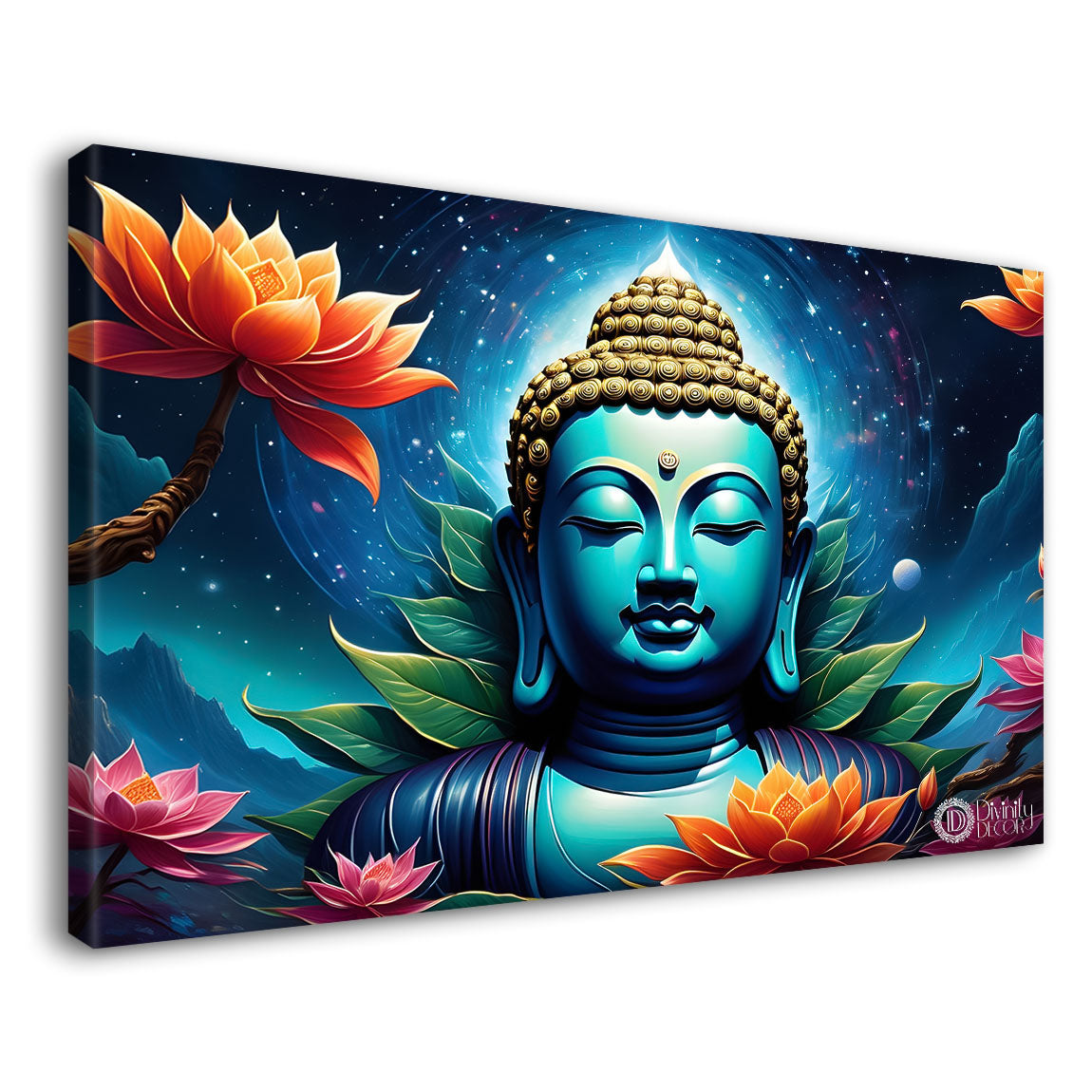 Blue buddha with the blue and flowers background textured painting Canvas Wall Painting - Buddha-310