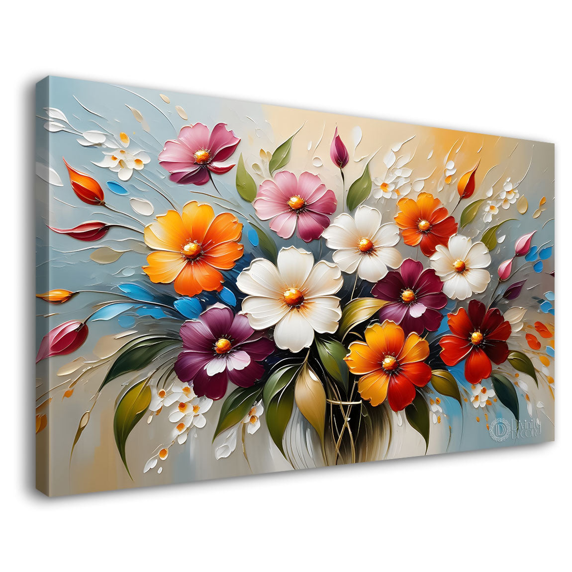 Colorful flowers in blue background canvas painting- Flower-310