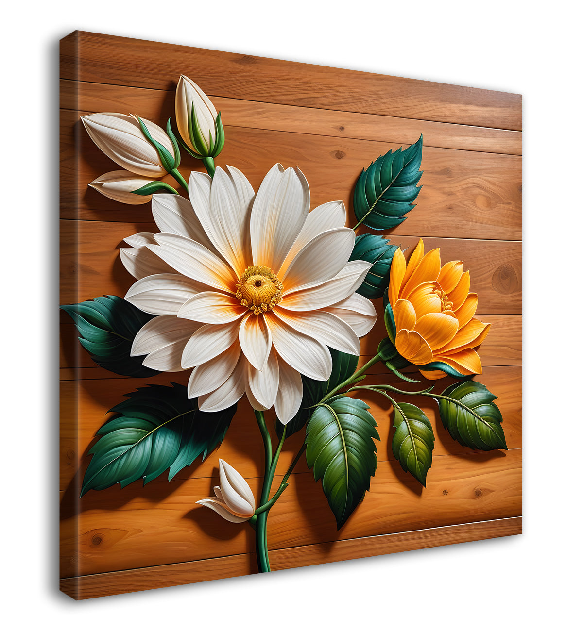White and orange flower in brown background painting - Flower-S-310