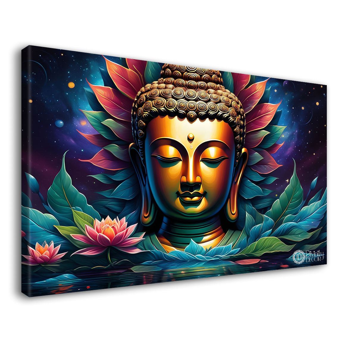 Golden buddha with the blue and flowers background textured painting Canvas Wall Painting - Buddha-311
