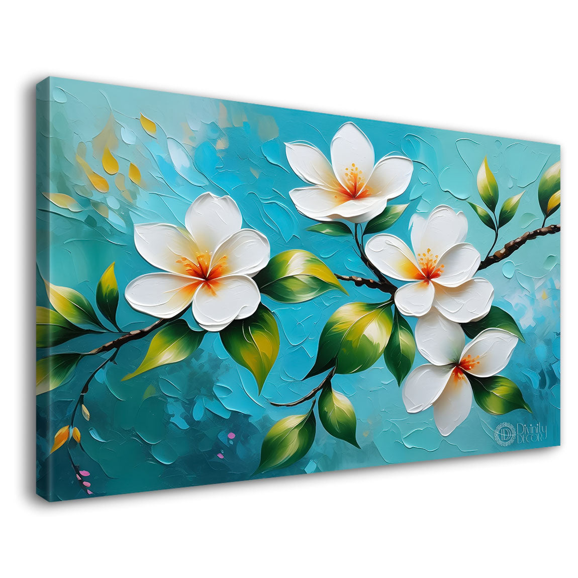 White flowers in blue background canvas painting- Flower-311