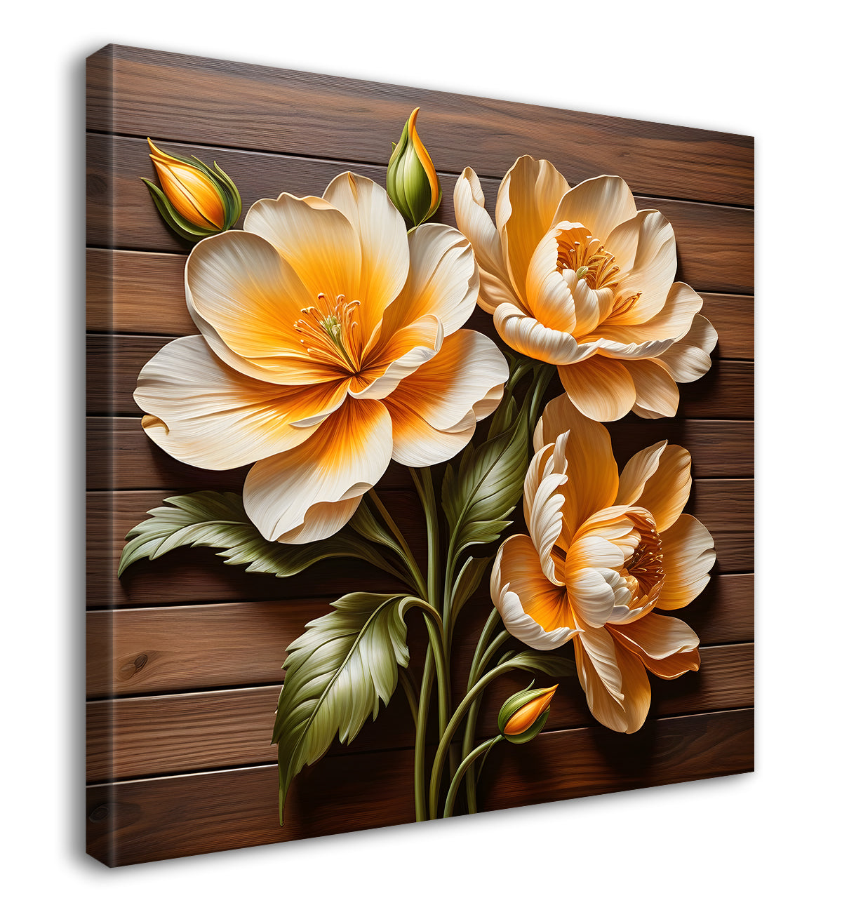 White and orange flower in brown background painting - Flower-S-311