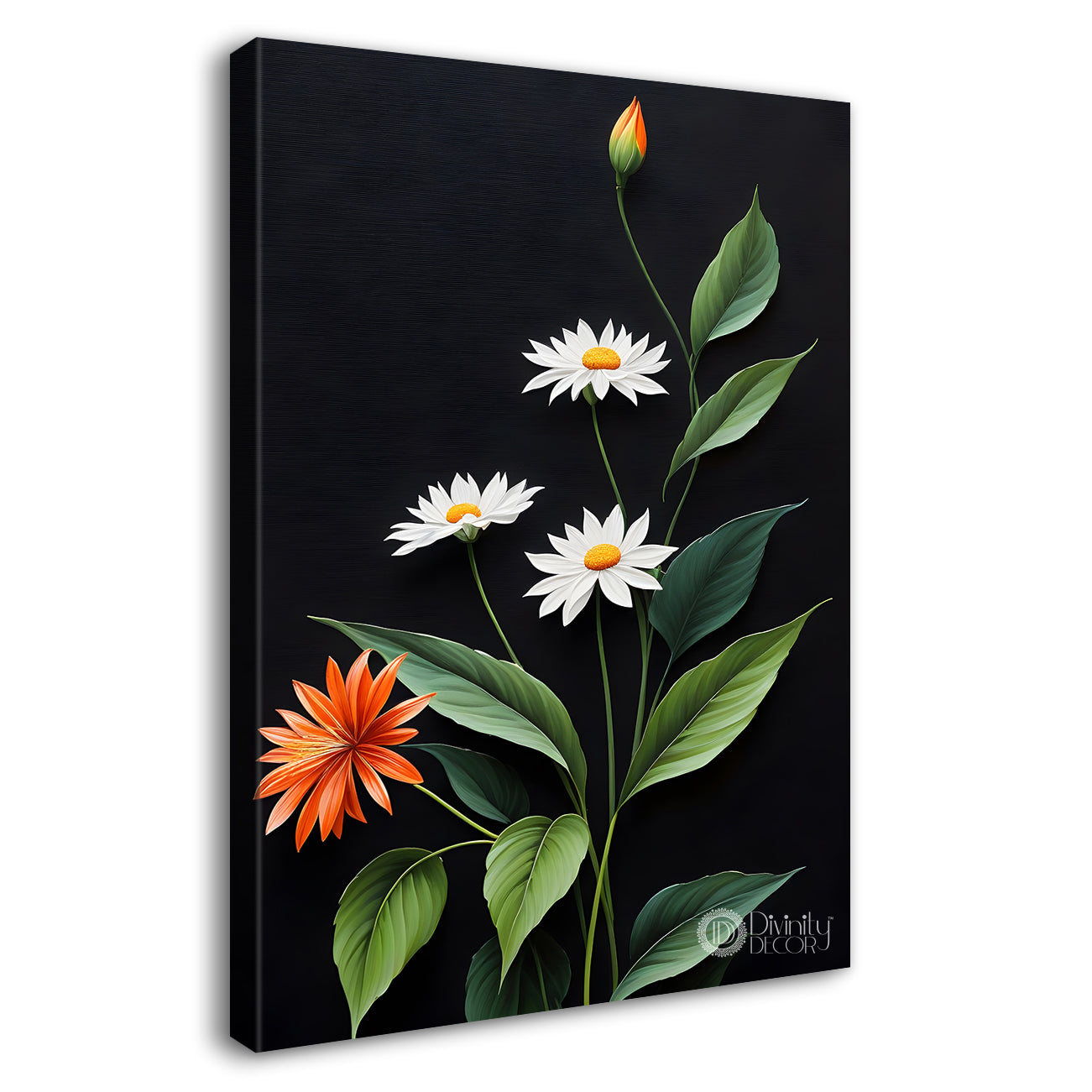 Orange and white flowers in dark textured background painting- Flower-V-311