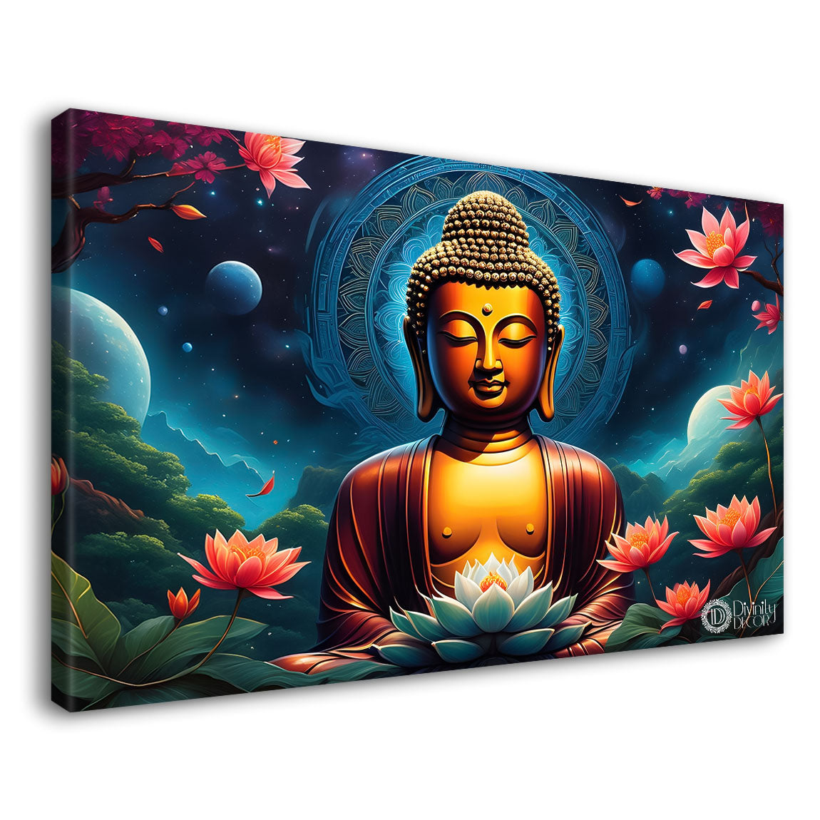 Golden buddha with the blue and flowers background textured painting Canvas Wall Painting - Buddha-312
