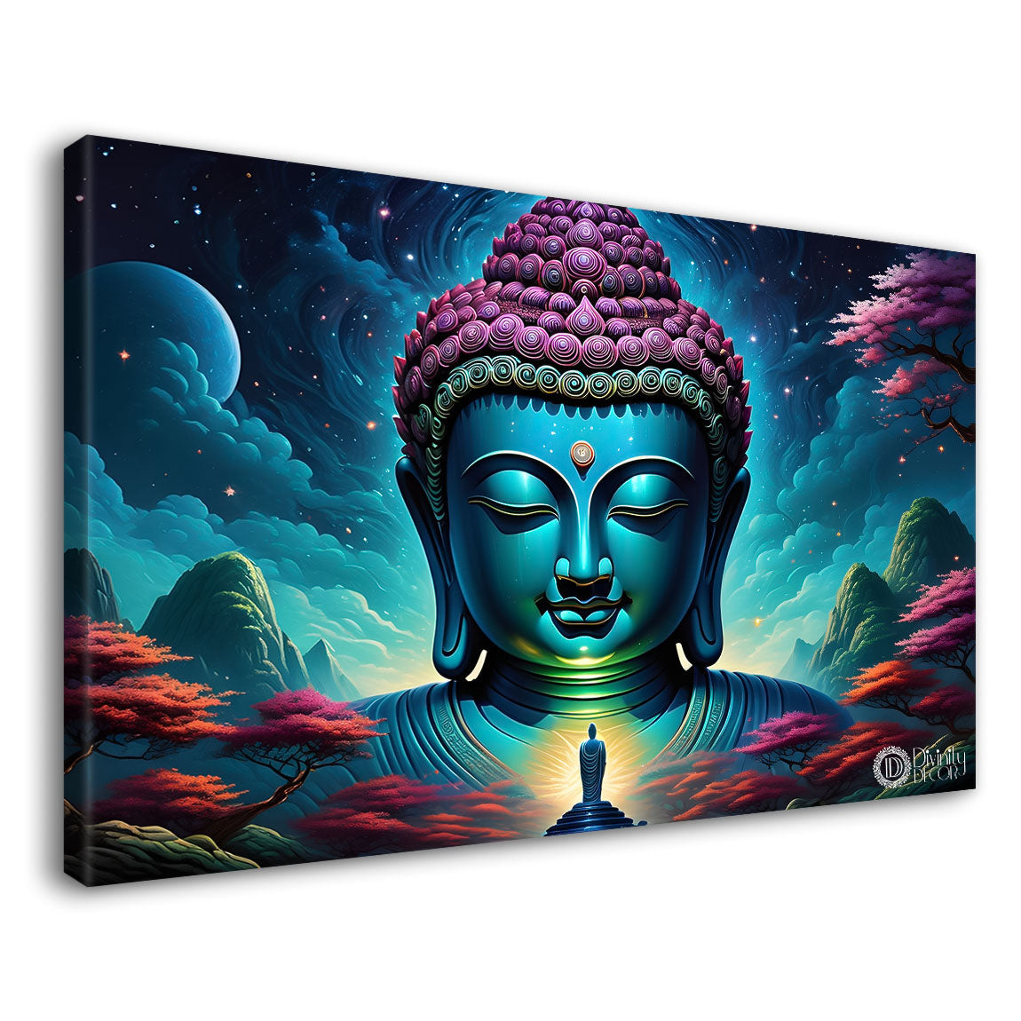 Blue buddha with the blue mountains and pink trees background textured painting Canvas Wall Painting - Buddha-313