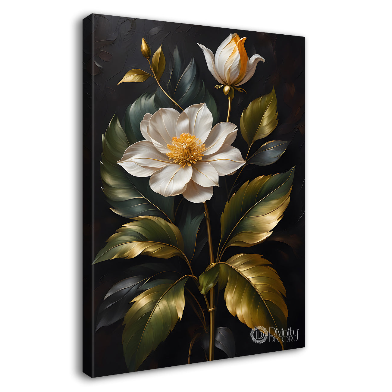 white flowers in black textured background painting- Flower-V-313