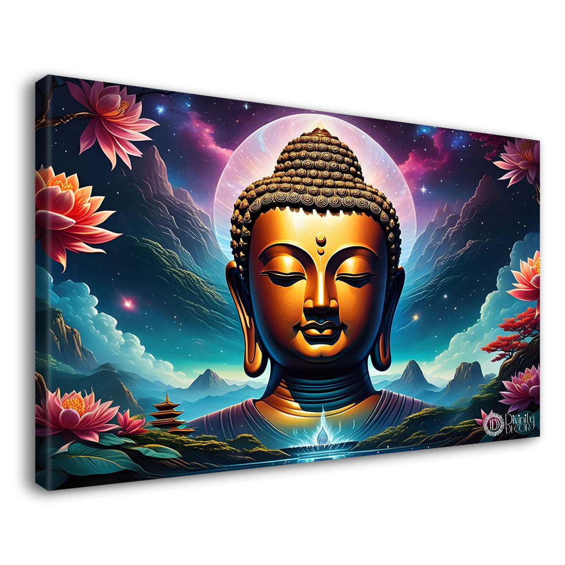 Golden buddha with the blue and flowers background textured painting Canvas Wall Painting - Buddha-314