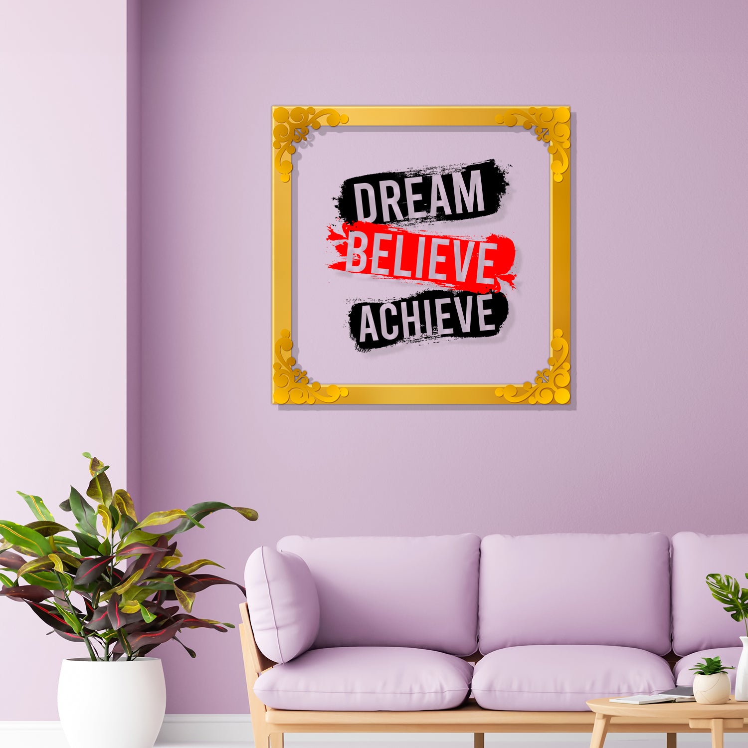 Dream believe achieve Golden Plaque for Gifting, Wall Décor Clear UV print with Golden Border-314