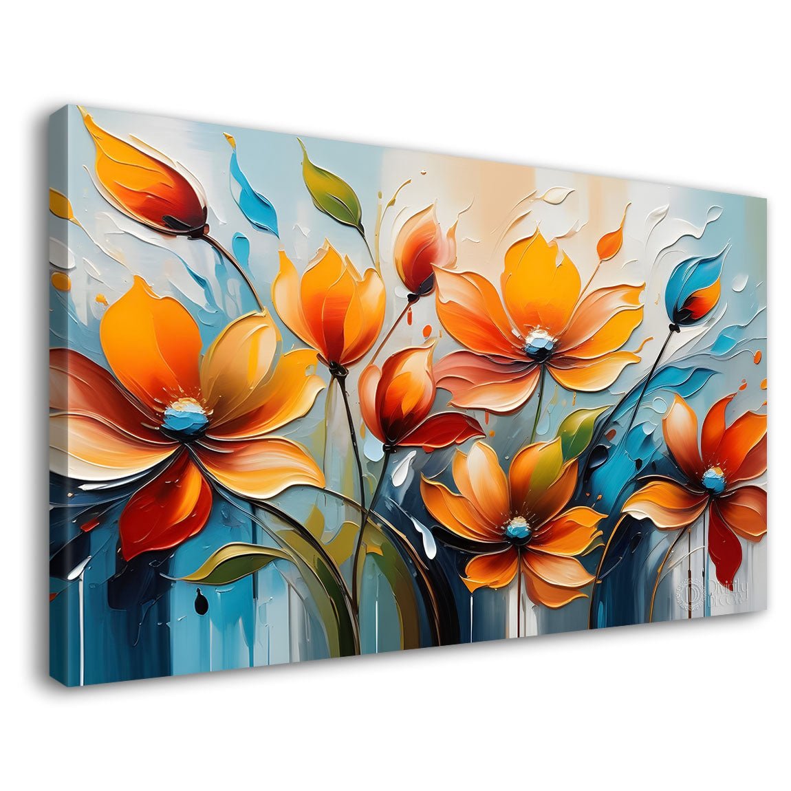 Orange flowers in blue background canvas painting- Flower-314