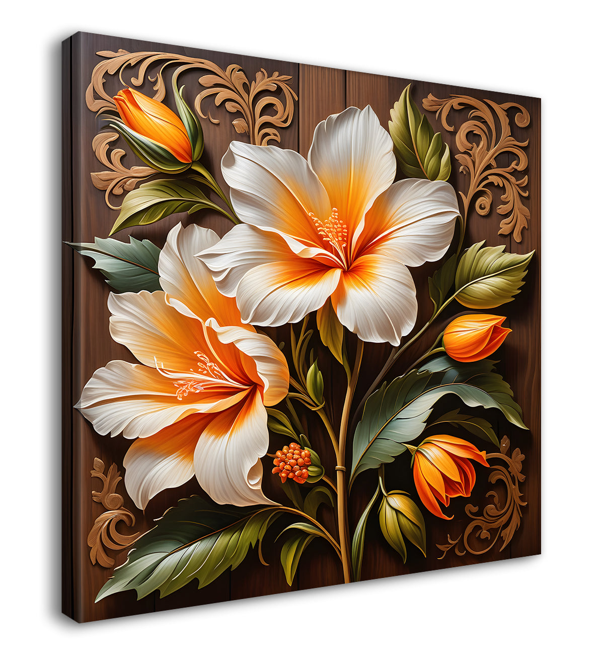 White flower in brown background painting - Flower-S-314